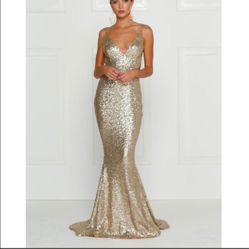 Alamour The Label Gold Sequin Backless Gown